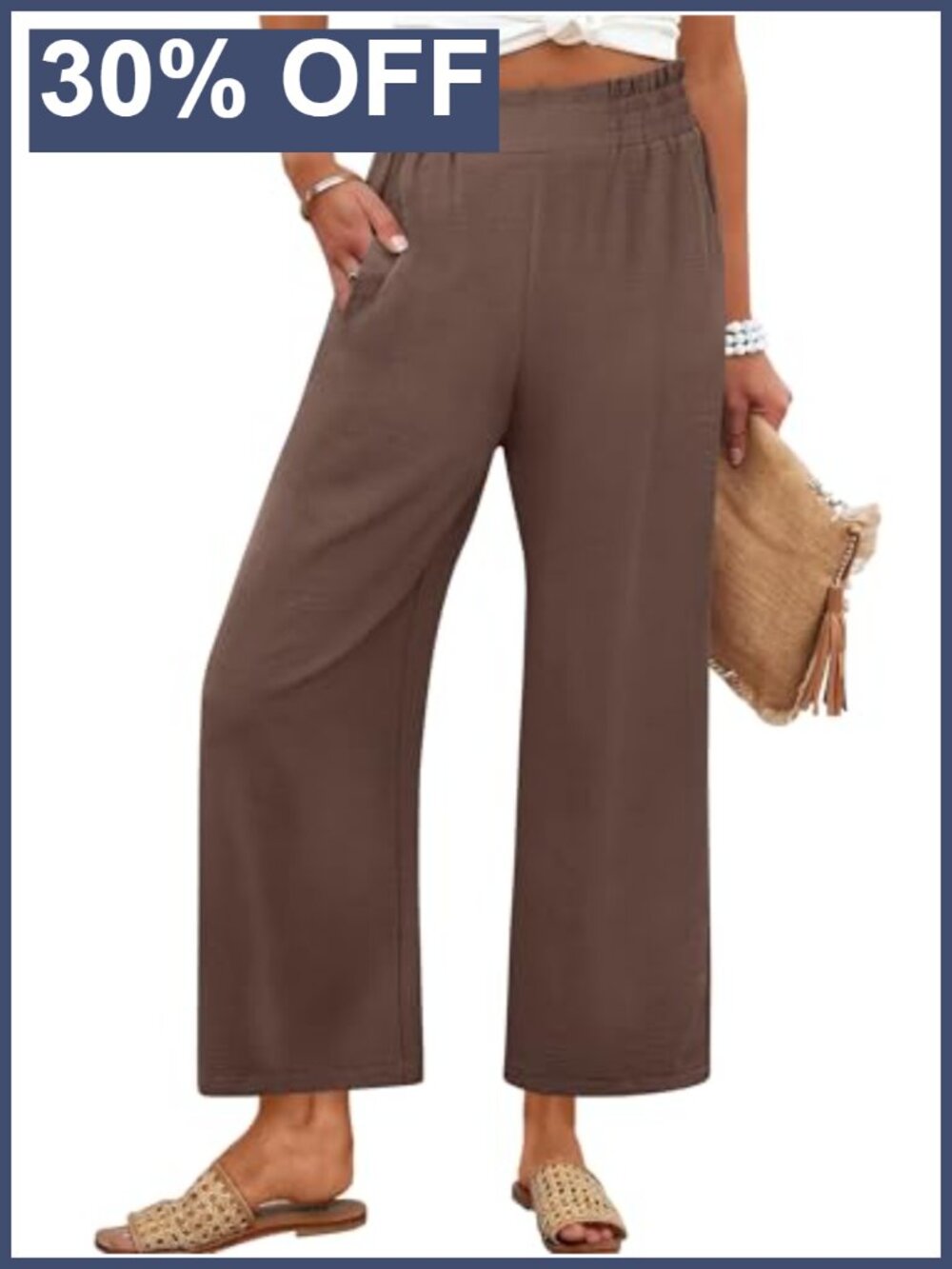 Wide Leg Cropped Palazzo Trousers Pull On High Waist Pockets